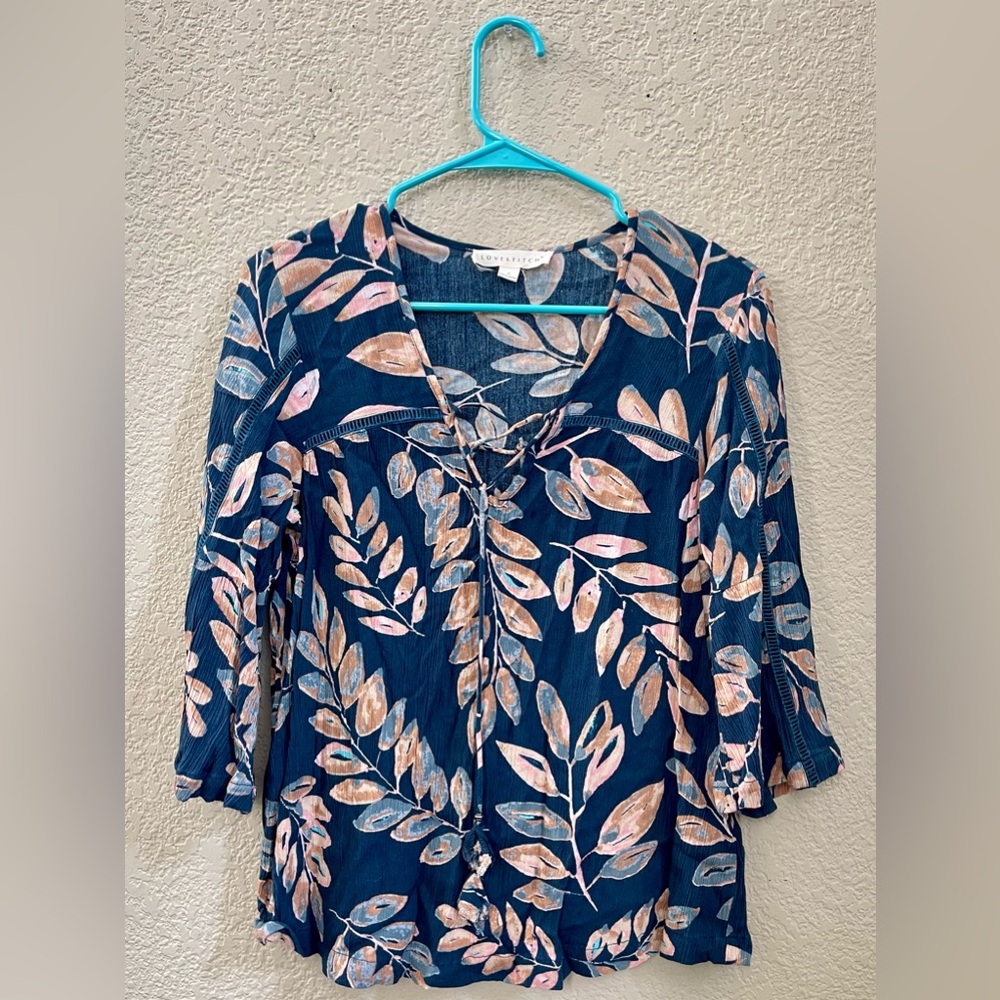 Lovestitch Navy Blue Leaves 3/4 Sleeve Tie Front Blouse